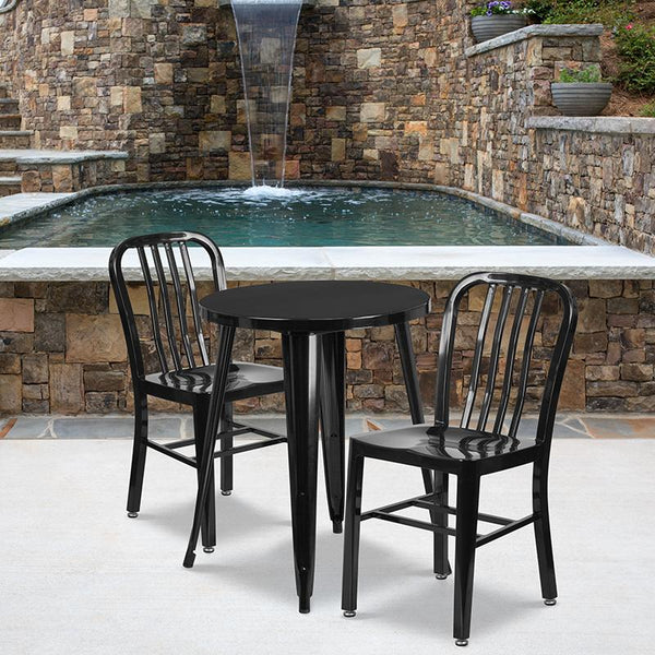Flash Furniture 24'' Round Black Metal Indoor-Outdoor Table Set with 2 Vertical Slat Back Chairs - CH-51080TH-2-18VRT-BK-GG