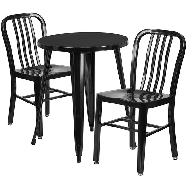 Flash Furniture 24'' Round Black Metal Indoor-Outdoor Table Set with 2 Vertical Slat Back Chairs - CH-51080TH-2-18VRT-BK-GG