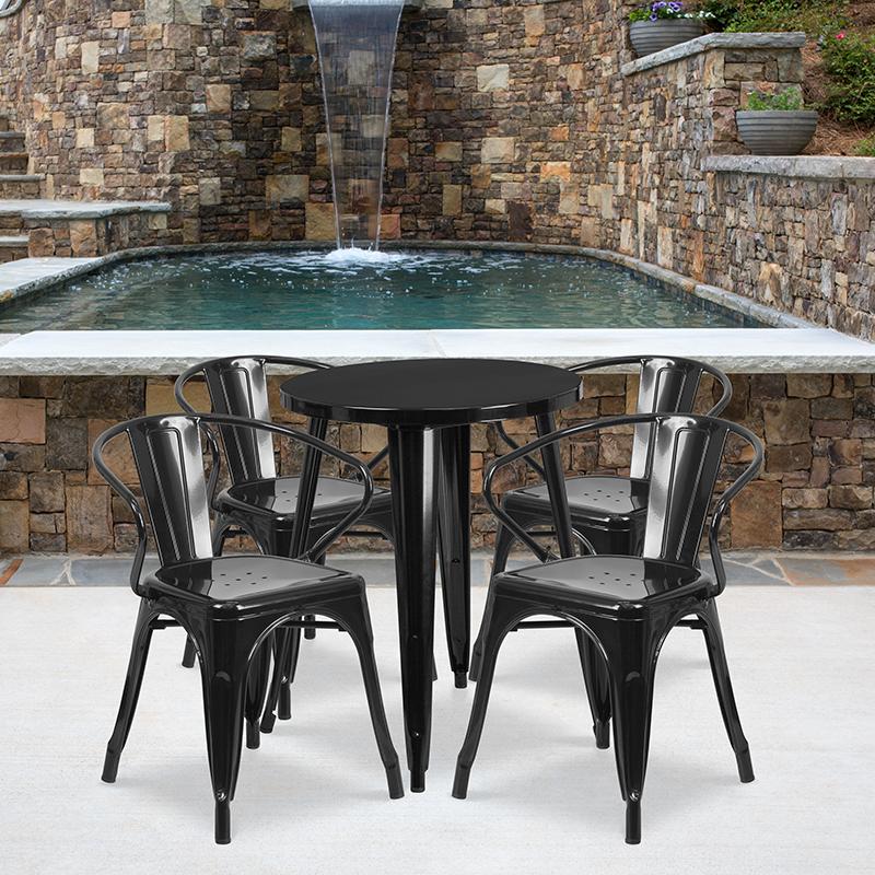 Flash Furniture 24'' Round Black Metal Indoor-Outdoor Table Set with 4 Arm Chairs - CH-51080TH-4-18ARM-BK-GG