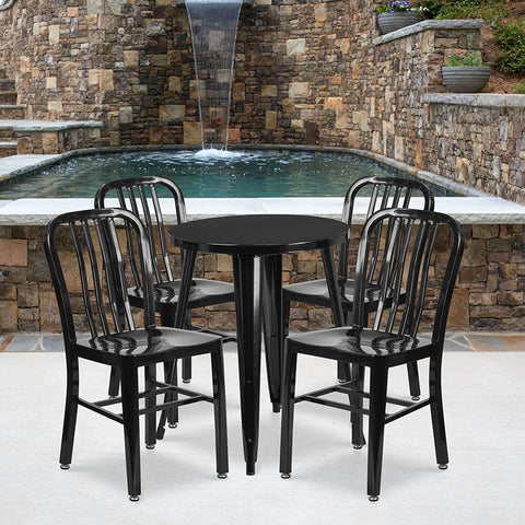 Flash Furniture 24'' Round Black Metal Indoor-Outdoor Table Set with 4 Vertical Slat Back Chairs - CH-51080TH-4-18VRT-BK-GG