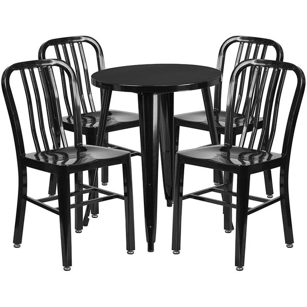 Flash Furniture 24'' Round Black Metal Indoor-Outdoor Table Set with 4 Vertical Slat Back Chairs - CH-51080TH-4-18VRT-BK-GG
