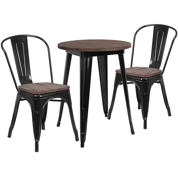 Flash Furniture 24" Round Black Metal Table Set with Wood Top and 2 Stack Chairs - CH-WD-TBCH-21-GG