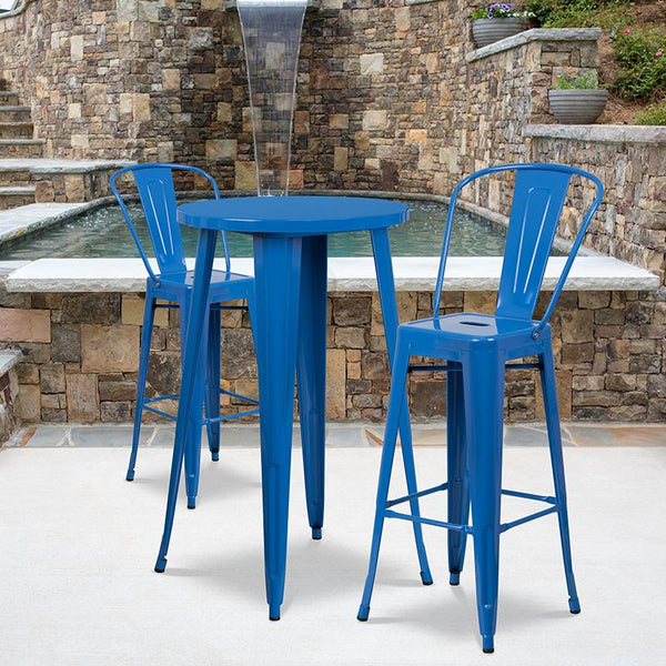 Flash Furniture 24'' Round Blue Metal Indoor-Outdoor Bar Table Set with 2 Cafe Stools - CH-51080BH-2-30CAFE-BL-GG