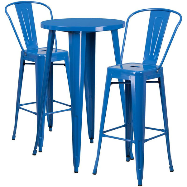 Flash Furniture 24'' Round Blue Metal Indoor-Outdoor Bar Table Set with 2 Cafe Stools - CH-51080BH-2-30CAFE-BL-GG