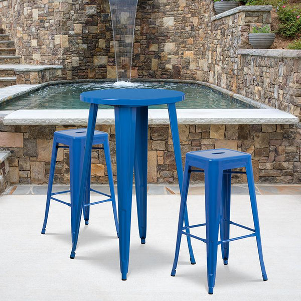 Flash Furniture 24'' Round Blue Metal Indoor-Outdoor Bar Table Set with 2 Square Seat Backless Stools - CH-51080BH-2-30SQST-BL-GG