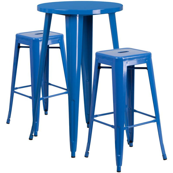 Flash Furniture 24'' Round Blue Metal Indoor-Outdoor Bar Table Set with 2 Square Seat Backless Stools - CH-51080BH-2-30SQST-BL-GG