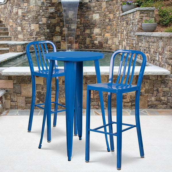 Flash Furniture 24'' Round Blue Metal Indoor-Outdoor Bar Table Set with 2 Vertical Slat Back Stools - CH-51080BH-2-30VRT-BL-GG