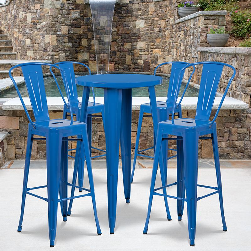 Flash Furniture 24'' Round Blue Metal Indoor-Outdoor Bar Table Set with 4 Cafe Stools - CH-51080BH-4-30CAFE-BL-GG