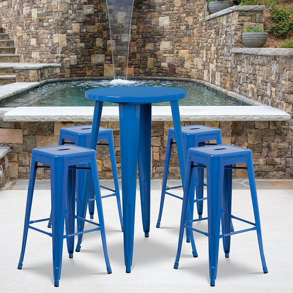 Flash Furniture 24'' Round Blue Metal Indoor-Outdoor Bar Table Set with 4 Square Seat Backless Stools - CH-51080BH-4-30SQST-BL-GG