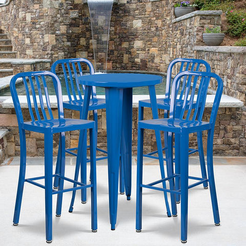 Flash Furniture 24'' Round Blue Metal Indoor-Outdoor Bar Table Set with 4 Vertical Slat Back Stools - CH-51080BH-4-30VRT-BL-GG