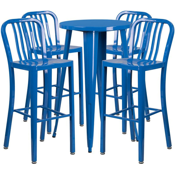Flash Furniture 24'' Round Blue Metal Indoor-Outdoor Bar Table Set with 4 Vertical Slat Back Stools - CH-51080BH-4-30VRT-BL-GG