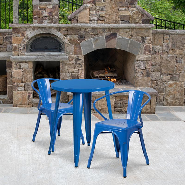 Flash Furniture 24'' Round Blue Metal Indoor-Outdoor Table Set with 2 Arm Chairs - CH-51080TH-2-18ARM-BL-GG
