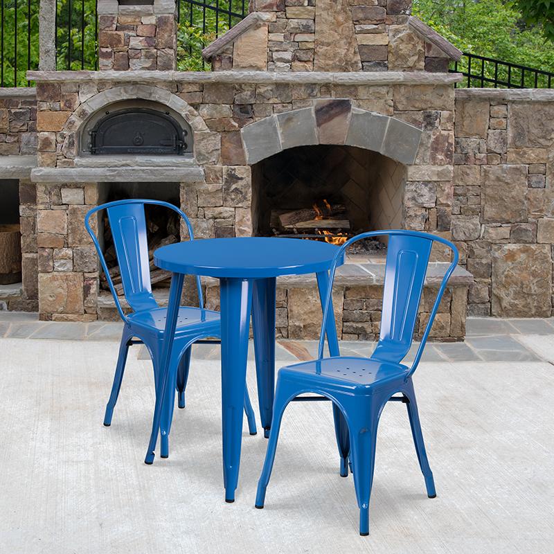 Flash Furniture 24'' Round Blue Metal Indoor-Outdoor Table Set with 2 Cafe Chairs - CH-51080TH-2-18CAFE-BL-GG