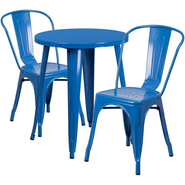 Flash Furniture 24'' Round Blue Metal Indoor-Outdoor Table Set with 2 Cafe Chairs - CH-51080TH-2-18CAFE-BL-GG