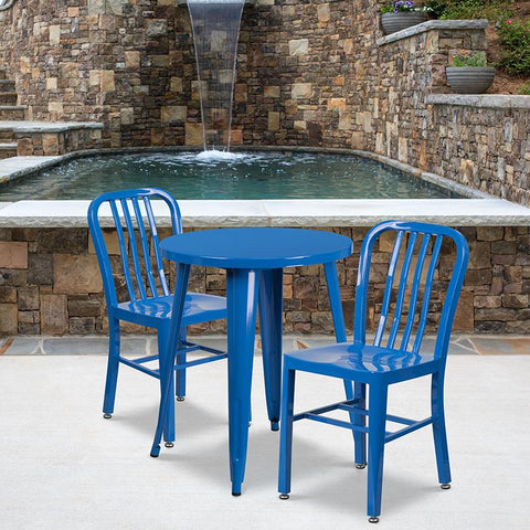 Flash Furniture 24'' Round Blue Metal Indoor-Outdoor Table Set with 2 Vertical Slat Back Chairs - CH-51080TH-2-18VRT-BL-GG