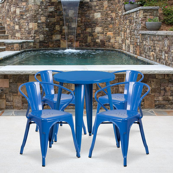 Flash Furniture 24'' Round Blue Metal Indoor-Outdoor Table Set with 4 Arm Chairs - CH-51080TH-4-18ARM-BL-GG