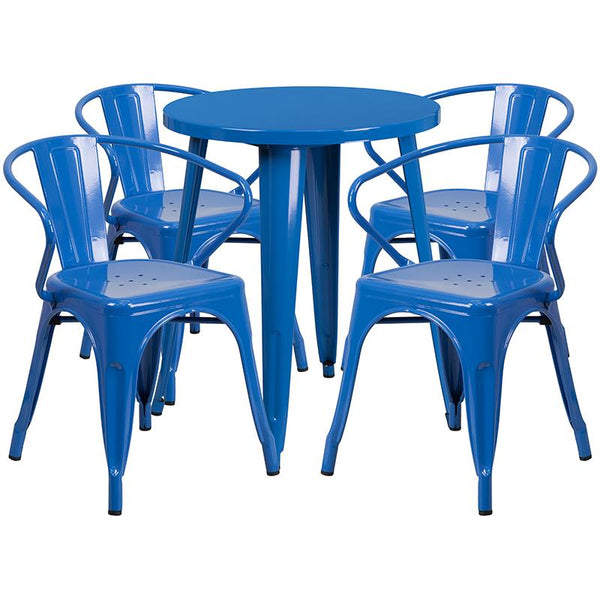 Flash Furniture 24'' Round Blue Metal Indoor-Outdoor Table Set with 4 Arm Chairs - CH-51080TH-4-18ARM-BL-GG