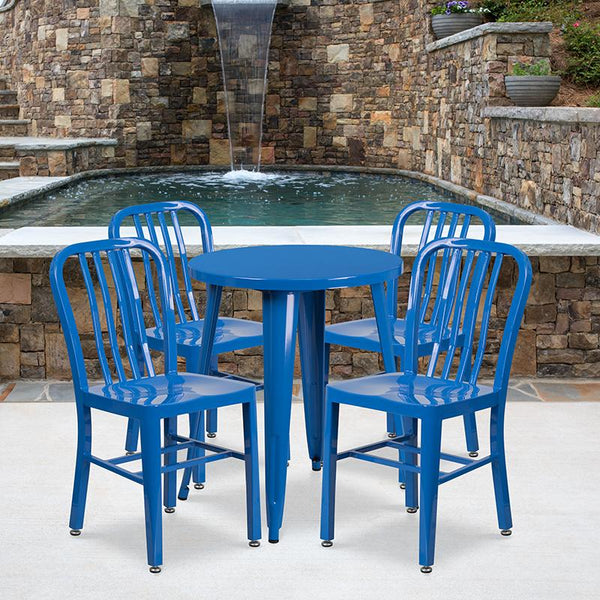 Flash Furniture 24'' Round Blue Metal Indoor-Outdoor Table Set with 4 Vertical Slat Back Chairs - CH-51080TH-4-18VRT-BL-GG