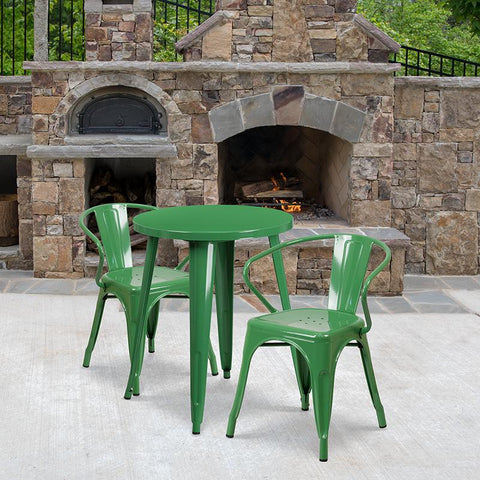 Flash Furniture 24'' Round Green Metal Indoor-Outdoor Table Set with 2 Arm Chairs - CH-51080TH-2-18ARM-GN-GG