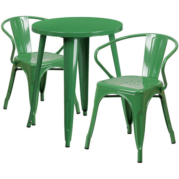 Flash Furniture 24'' Round Green Metal Indoor-Outdoor Table Set with 2 Arm Chairs - CH-51080TH-2-18ARM-GN-GG