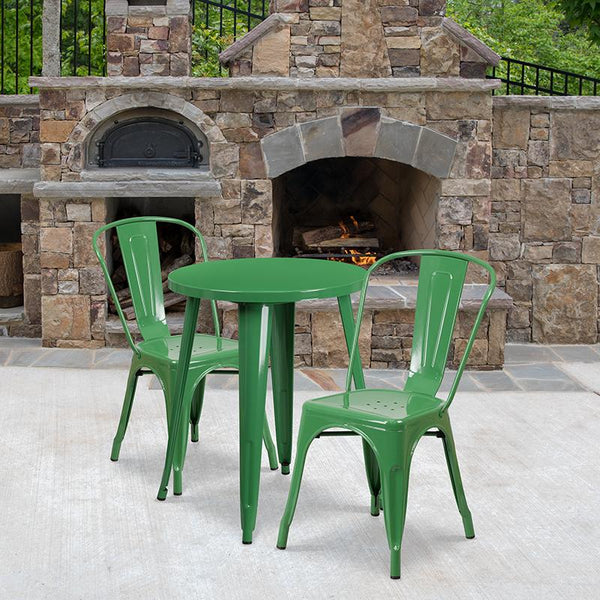Flash Furniture 24'' Round Green Metal Indoor-Outdoor Table Set with 2 Cafe Chairs - CH-51080TH-2-18CAFE-GN-GG