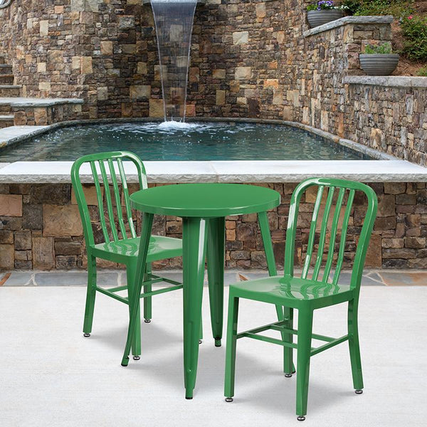 Flash Furniture 24'' Round Green Metal Indoor-Outdoor Table Set with 2 Vertical Slat Back Chairs - CH-51080TH-2-18VRT-GN-GG