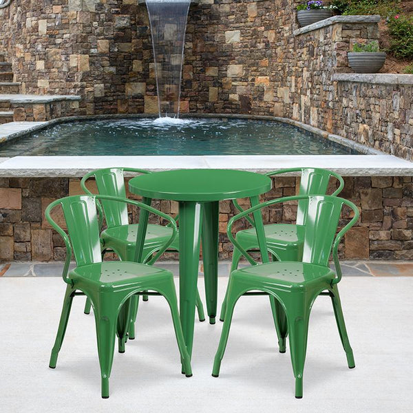Flash Furniture 24'' Round Green Metal Indoor-Outdoor Table Set with 4 Arm Chairs - CH-51080TH-4-18ARM-GN-GG