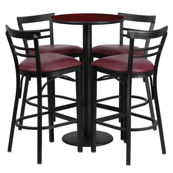 Flash Furniture 24'' Round Mahogany Laminate Table Set with Round Base and 4 Two-Slat Ladder Back Metal Barstools - Burgundy Vinyl Seat - RSRB1038-GG