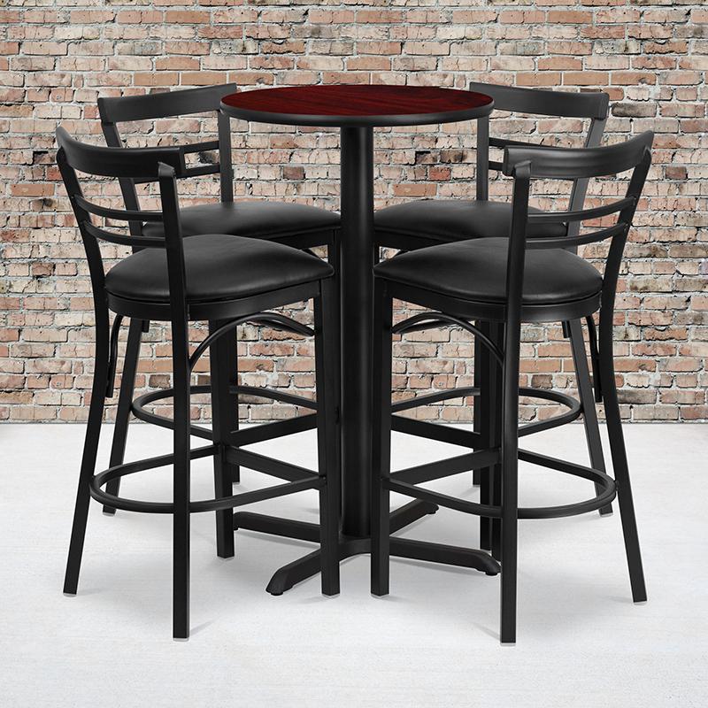 Flash Furniture 24'' Round Mahogany Laminate Table Set with X-Base and 4 Two-Slat Ladder Back Metal Barstools - Black Vinyl Seat - HDBF1034-GG