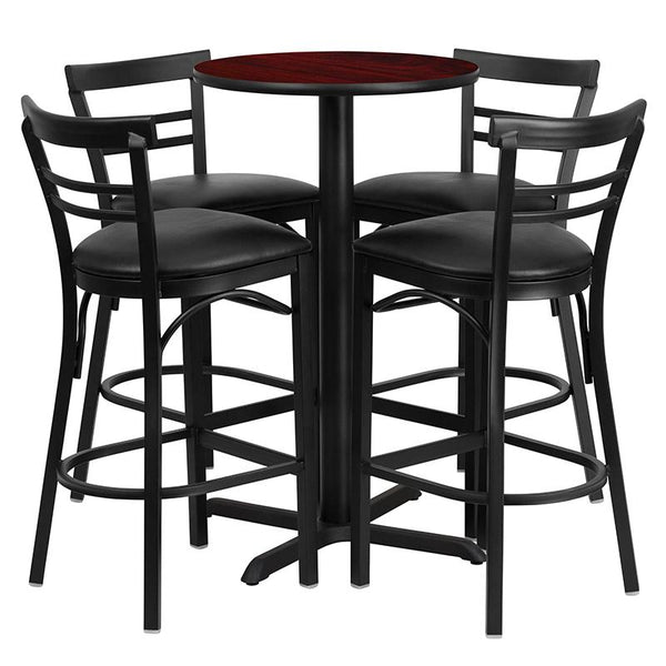 Flash Furniture 24'' Round Mahogany Laminate Table Set with X-Base and 4 Two-Slat Ladder Back Metal Barstools - Black Vinyl Seat - HDBF1034-GG