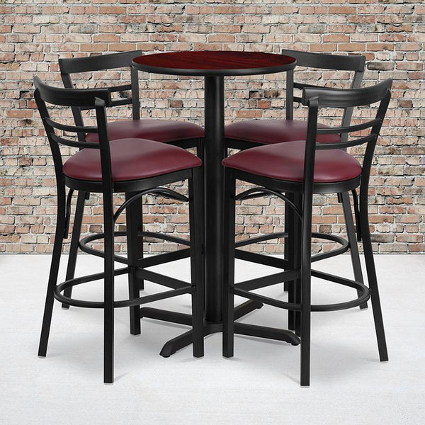 Flash Furniture 24'' Round Mahogany Laminate Table Set with X-Base and 4 Two-Slat Ladder Back Metal Barstools - Burgundy Vinyl Seat - HDBF1038-GG