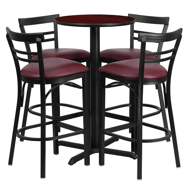 Flash Furniture 24'' Round Mahogany Laminate Table Set with X-Base and 4 Two-Slat Ladder Back Metal Barstools - Burgundy Vinyl Seat - HDBF1038-GG