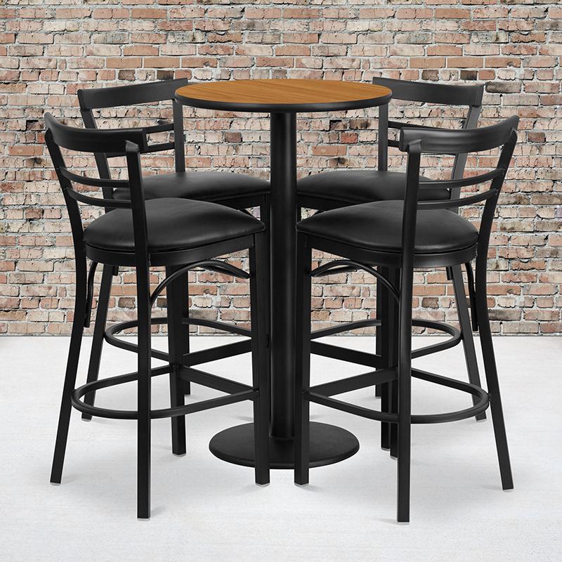 Flash Furniture 24'' Round Natural Laminate Table Set with Round Base and 4 Two-Slat Ladder Back Metal Barstools - Black Vinyl Seat - RSRB1035-GG