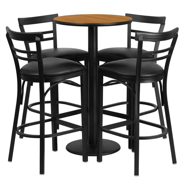 Flash Furniture 24'' Round Natural Laminate Table Set with Round Base and 4 Two-Slat Ladder Back Metal Barstools - Black Vinyl Seat - RSRB1035-GG