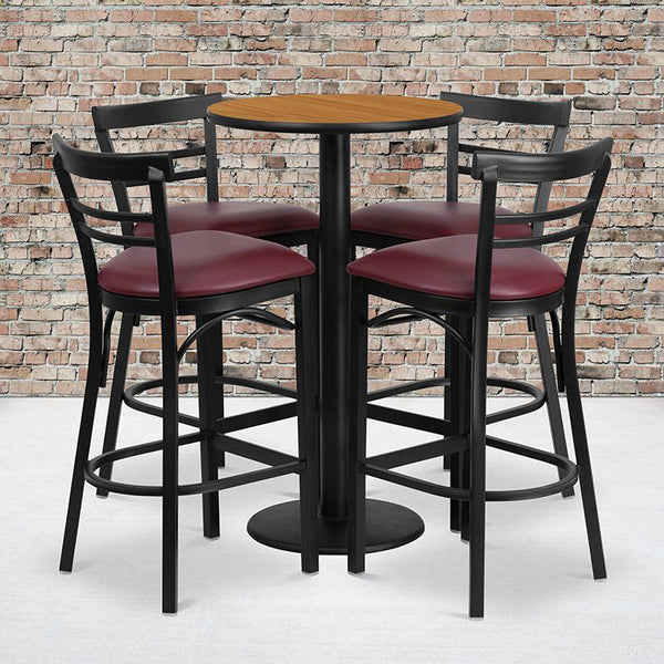 Flash Furniture 24'' Round Natural Laminate Table Set with Round Base and 4 Two-Slat Ladder Back Metal Barstools - Burgundy Vinyl Seat - RSRB1039-GG