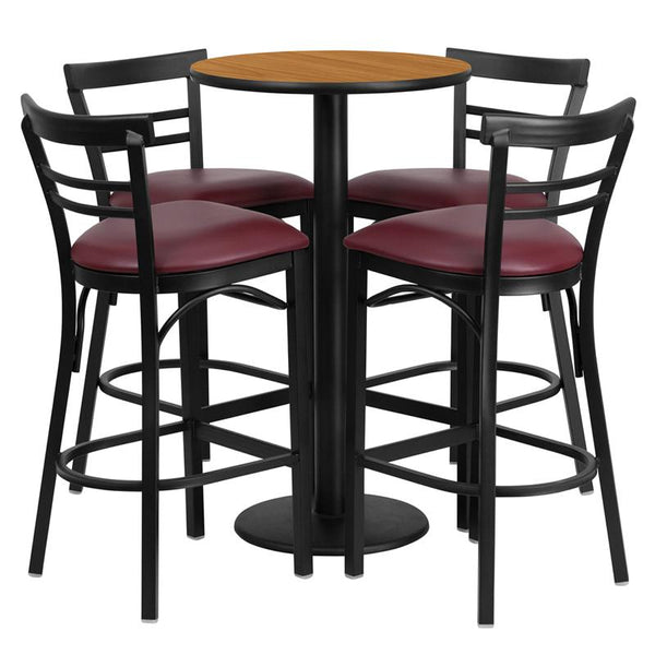 Flash Furniture 24'' Round Natural Laminate Table Set with Round Base and 4 Two-Slat Ladder Back Metal Barstools - Burgundy Vinyl Seat - RSRB1039-GG