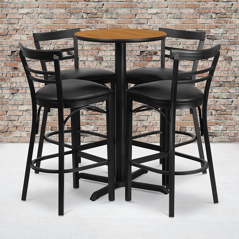 Flash Furniture 24'' Round Natural Laminate Table Set with X-Base and 4 Two-Slat Ladder Back Metal Barstools - Black Vinyl Seat - HDBF1035-GG