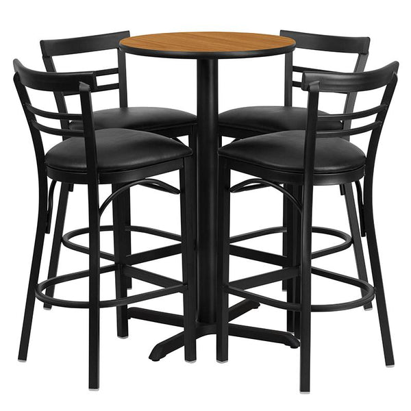 Flash Furniture 24'' Round Natural Laminate Table Set with X-Base and 4 Two-Slat Ladder Back Metal Barstools - Black Vinyl Seat - HDBF1035-GG