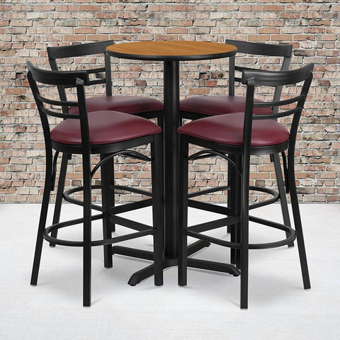 Flash Furniture 24'' Round Natural Laminate Table Set with X-Base and 4 Two-Slat Ladder Back Metal Barstools - Burgundy Vinyl Seat - HDBF1039-GG