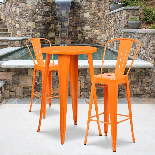 Flash Furniture 24'' Round Orange Metal Indoor-Outdoor Bar Table Set with 2 Cafe Stools - CH-51080BH-2-30CAFE-OR-GG