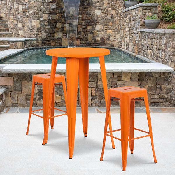 Flash Furniture 24'' Round Orange Metal Indoor-Outdoor Bar Table Set with 2 Square Seat Backless Stools - CH-51080BH-2-30SQST-OR-GG