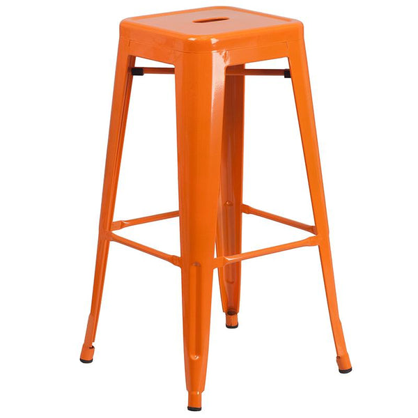 Flash Furniture 24'' Round Orange Metal Indoor-Outdoor Bar Table Set with 2 Square Seat Backless Stools - CH-51080BH-2-30SQST-OR-GG