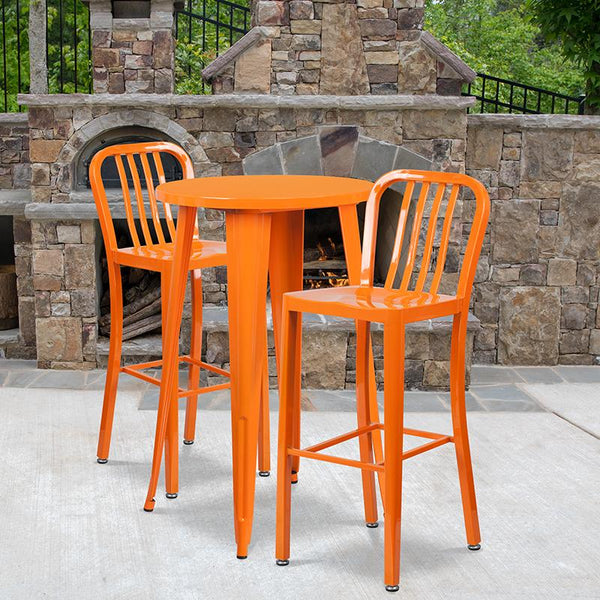 Flash Furniture 24'' Round Orange Metal Indoor-Outdoor Bar Table Set with 2 Vertical Slat Back Stools - CH-51080BH-2-30VRT-OR-GG