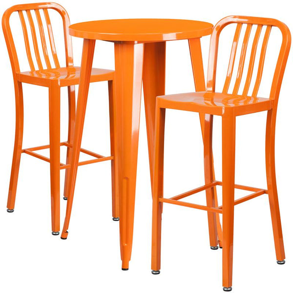 Flash Furniture 24'' Round Orange Metal Indoor-Outdoor Bar Table Set with 2 Vertical Slat Back Stools - CH-51080BH-2-30VRT-OR-GG