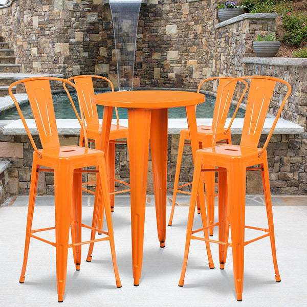 Flash Furniture 24'' Round Orange Metal Indoor-Outdoor Bar Table Set with 4 Cafe Stools - CH-51080BH-4-30CAFE-OR-GG