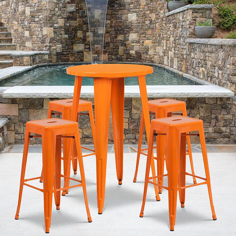 Flash Furniture 24'' Round Orange Metal Indoor-Outdoor Bar Table Set with 4 Square Seat Backless Stools - CH-51080BH-4-30SQST-OR-GG