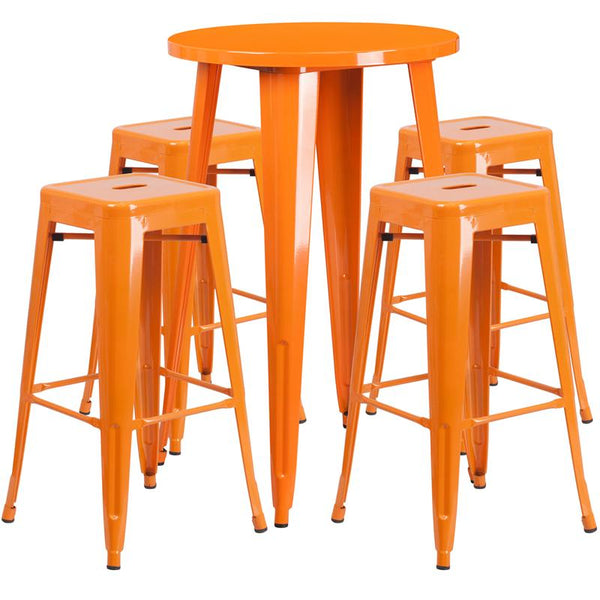 Flash Furniture 24'' Round Orange Metal Indoor-Outdoor Bar Table Set with 4 Square Seat Backless Stools - CH-51080BH-4-30SQST-OR-GG