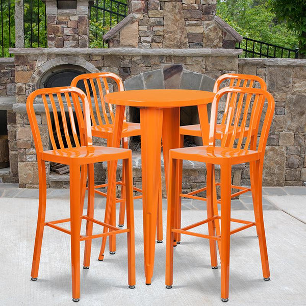 Flash Furniture 24'' Round Orange Metal Indoor-Outdoor Bar Table Set with 4 Vertical Slat Back Stools - CH-51080BH-4-30VRT-OR-GG