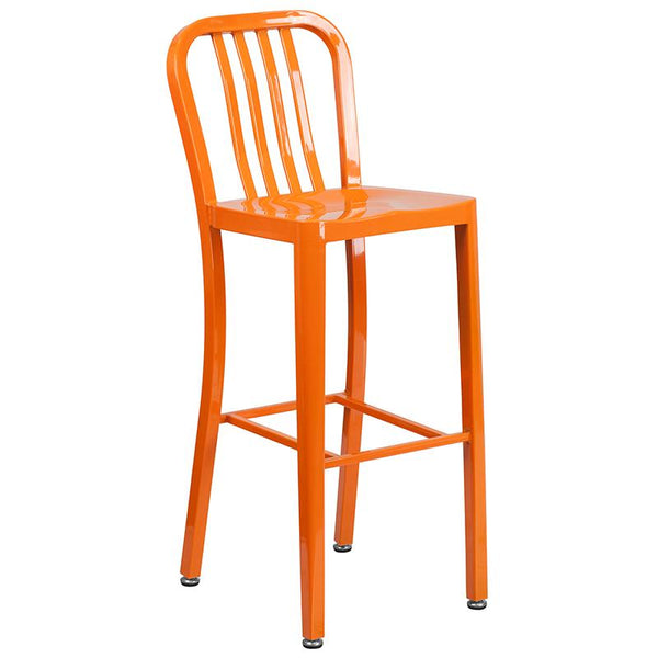 Flash Furniture 24'' Round Orange Metal Indoor-Outdoor Bar Table Set with 4 Vertical Slat Back Stools - CH-51080BH-4-30VRT-OR-GG
