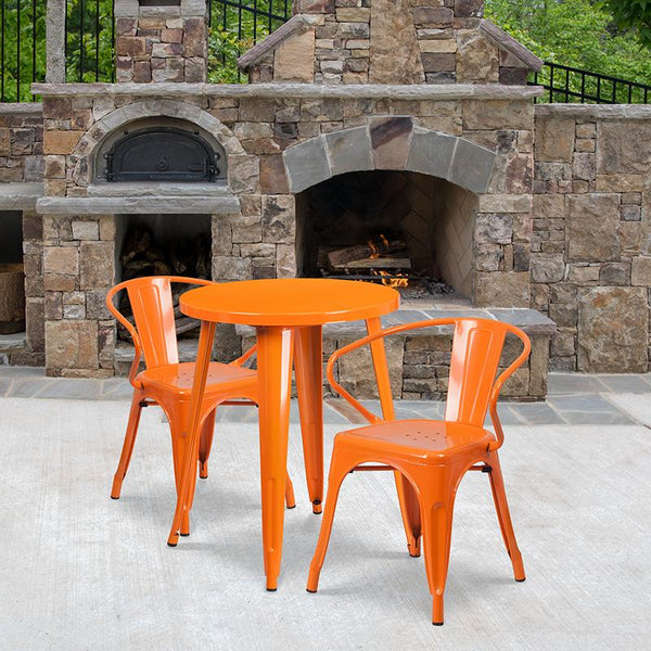 Flash Furniture 24'' Round Orange Metal Indoor-Outdoor Table Set with 2 Arm Chairs - CH-51080TH-2-18ARM-OR-GG